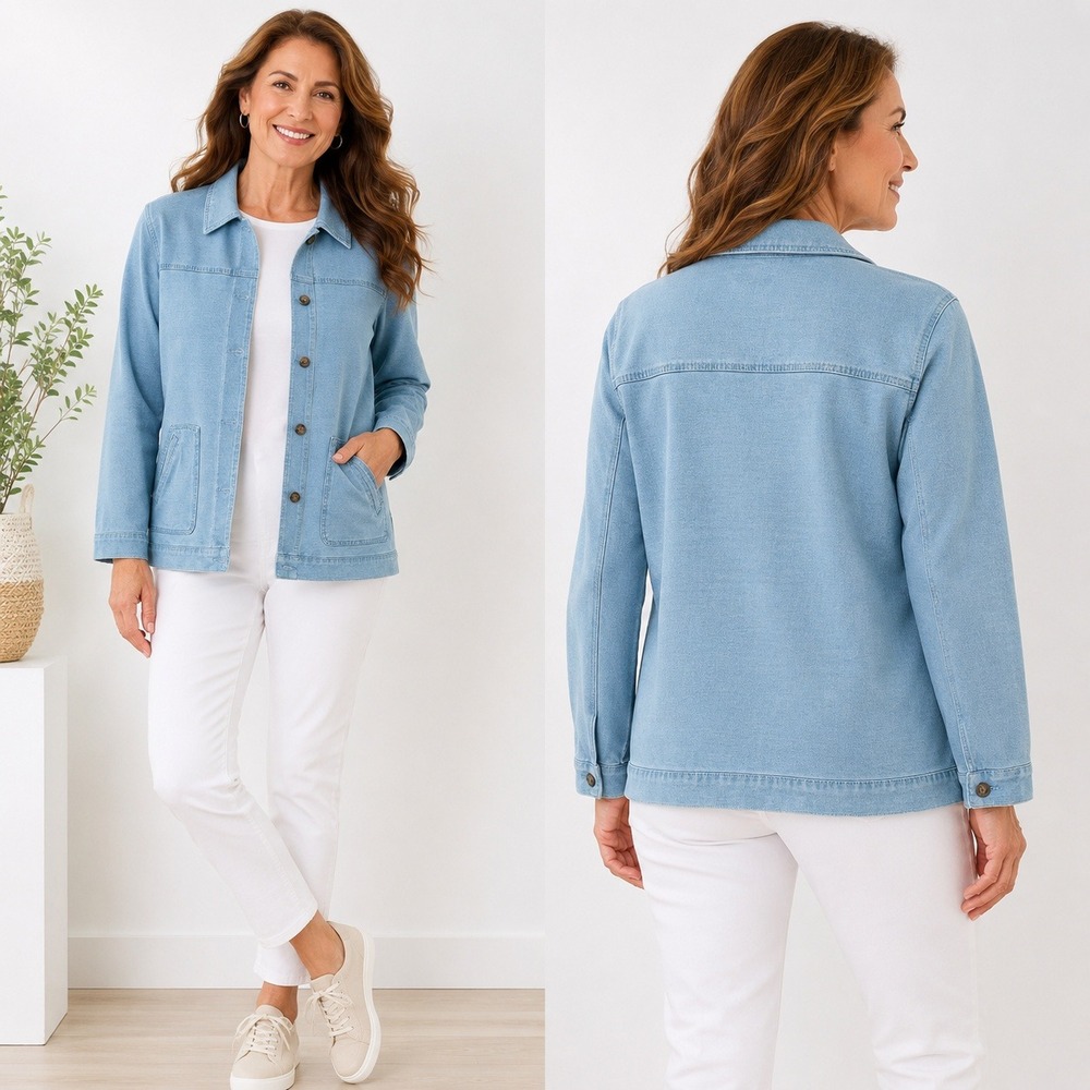 d&co Denim & Co Knit Denim Jacket Medium Light Wash Button Front Stretch Cotton